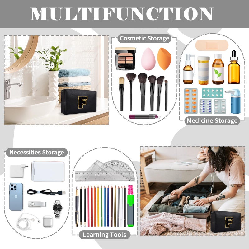 ChaoGreat حقيبة مكياج أولية مخصصة من A-Z Preppy Patch حقيبة مستحضرات تجميل صغيرة على شكل حرف Pu Chenille مع سحاب للفتيات المراهقات، حقيبة سوداء لطيفة لتنظيم أدوات الزينة، حقيبة مكياج هدية للنساء والفتيات حرف F - Image 5