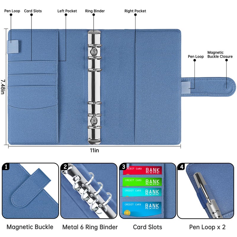 Antner A6 Notebook Binder Refillable 6 Ring Budget Binder Cover for A6 Refill Paper, PU Leather Budget Planner Organizer with Magnetic Buckle, Loose Leaf Personal Planner, Glitter Blue - Image 2