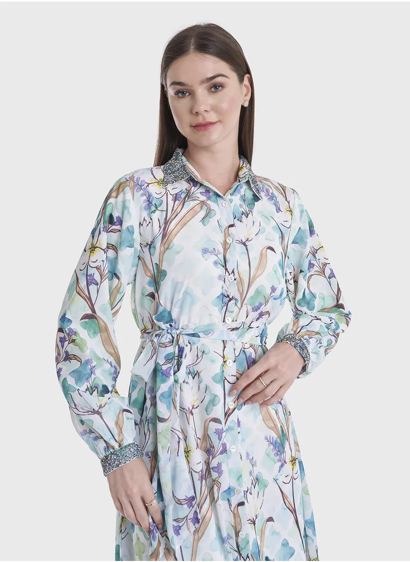 كشخة Water Color Floral Print Shirt Dress