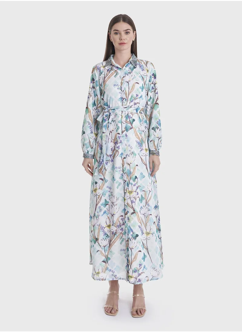 كشخة Water Color Floral Print Shirt Dress