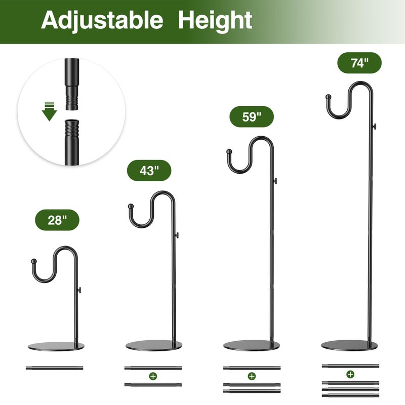saffruff 74" Shepherds Hook Stand: Hanging Wind Chimes, Bird Feeders, Plants, Lanterns and Wreath, Adjustable Free Standing Pole Holder with Heavy Duty Base for Indoor & Outdoor, Holds Up to 20 LBS - Image 3