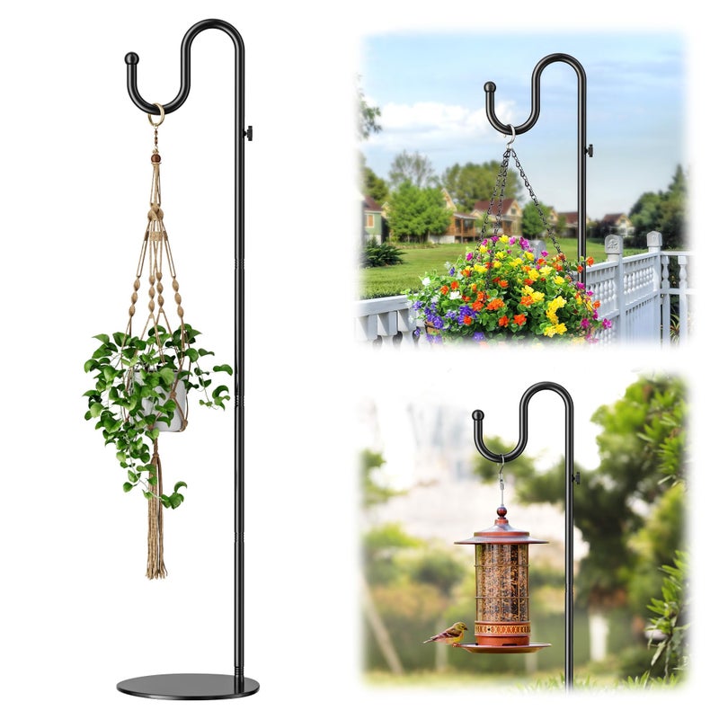 saffruff 74" Shepherds Hook Stand: Hanging Wind Chimes, Bird Feeders, Plants, Lanterns and Wreath, Adjustable Free Standing Pole Holder with Heavy Duty Base for Indoor & Outdoor, Holds Up to 20 LBS - Image 1