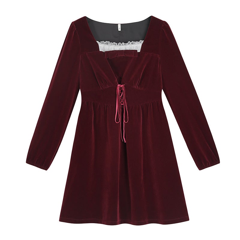 Plus Size Vintage Lace Velvet Dress 63561b short wine red