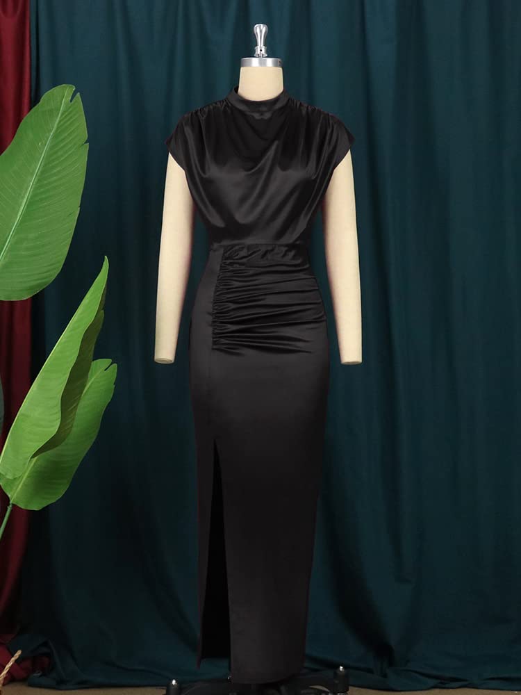 AOMEI Women's Sleeveless Pleated High Waist Ruched Slit Slim Elegant Long Satin Dress (Black,1XL) - Image 3