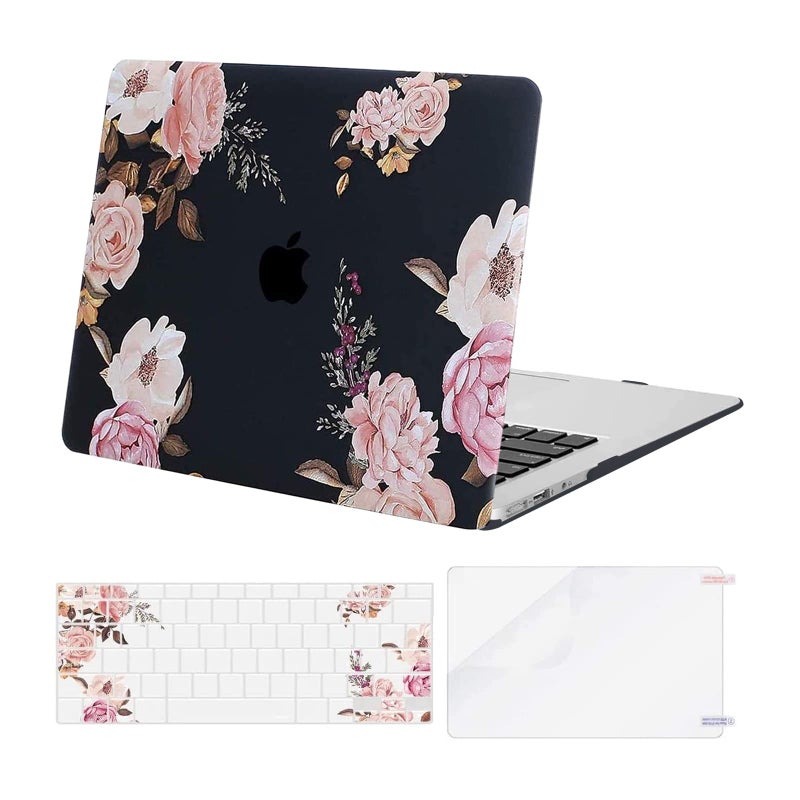 MOSISO Compatible with MacBook Air 13 inch Case (A1369 & A1466, Older Version 2010-2017 Release), Plastic Peony Hard Shell Case & Keyboard Cover & Screen Protector, Black - Image 1