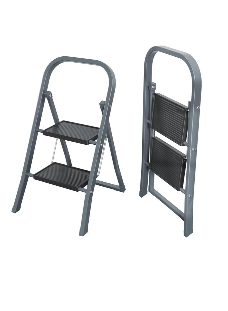 EASYSPEED Folding Ladder – 2-Step Stainless Steel Ladder – Non-Slip – Supports up to 150 kg – Grey - Image 1