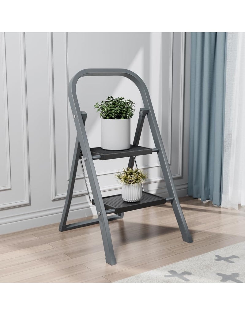 EASYSPEED Folding Ladder – 2-Step Stainless Steel Ladder – Non-Slip – Supports up to 150 kg – Grey - Image 2