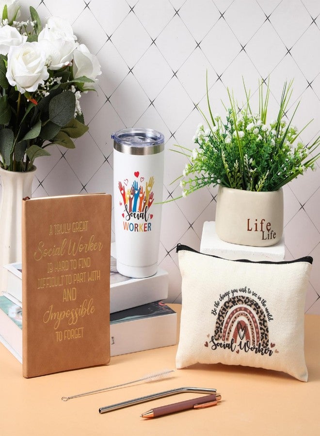 Dinifee 4 Pcs Social Worker Gifts for Women Include 20 oz Stainless Steel Tumbler Mug with Straw Brush A5 Leather Notebook Makeup Bag and Ballpoint Pen Social Work Gifts for BSW MSW(Classic Style) - Image 5