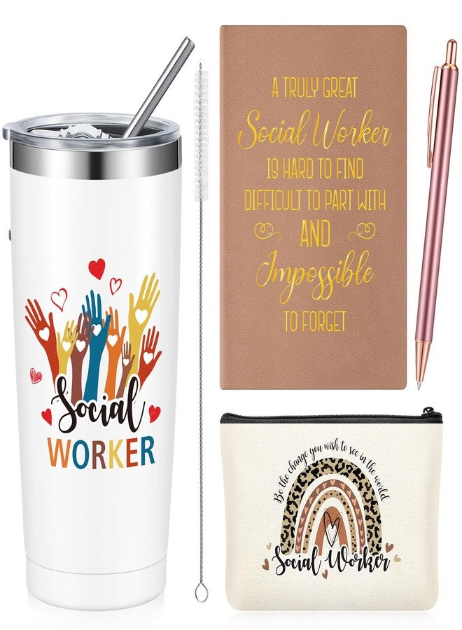 Dinifee 4 Pcs Social Worker Gifts for Women Include 20 oz Stainless Steel Tumbler Mug with Straw Brush A5 Leather Notebook Makeup Bag and Ballpoint Pen Social Work Gifts for BSW MSW(Classic Style) - Image 1