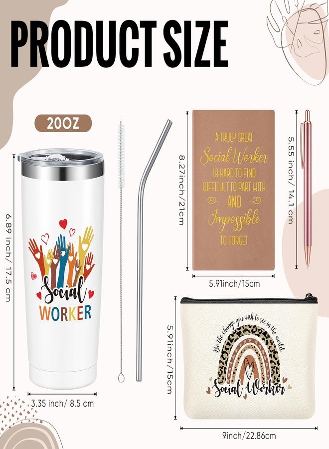 Dinifee 4 Pcs Social Worker Gifts for Women Include 20 oz Stainless Steel Tumbler Mug with Straw Brush A5 Leather Notebook Makeup Bag and Ballpoint Pen Social Work Gifts for BSW MSW(Classic Style) - Image 2