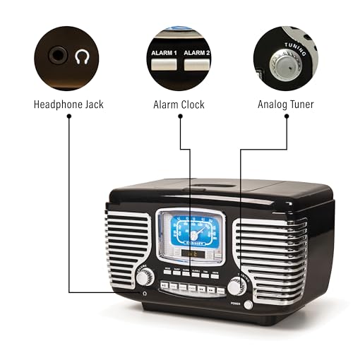 Crosley CR612B-BK Corsair Retro AM/FM Alarm Clock Radio and CD Player with Stereo Bluetooth Speakers, Black - Image 4
