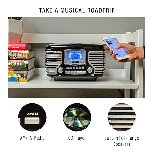 Crosley CR612B-BK Corsair Retro AM/FM Alarm Clock Radio and CD Player with Stereo Bluetooth Speakers, Black - Image 3