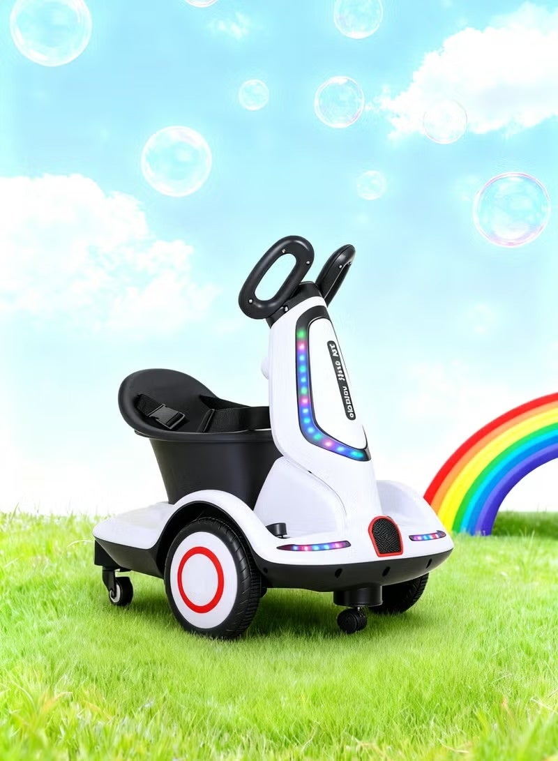 HooToo Smart electric scooter for kids with remote control and music, colorful LED lights - comfortable seat with backrest, smart foot pedal steering system, electric motor at safe speed (5-10 km/h), fast charging (3-5 hours) for up to 2 hours of fun, 4 durable wheels with a balancing system for maximum stability and safety, suitable for children aged 2 to 8 years - ideal for home, gardens, parks and entertainment venues. - Image 1