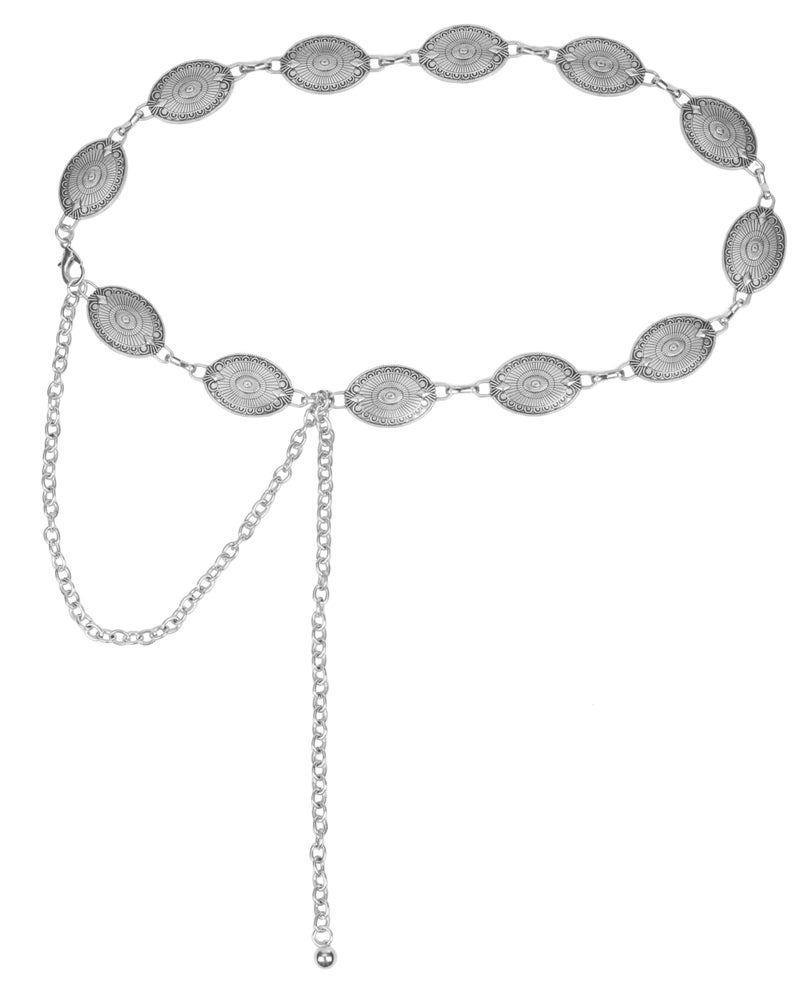 WAYLIT Western-Concho-Belt-Women Cowgirl-Metal-Belts Boho Silver Vintage Turquoise Chain Belt for Dress Jeans (Solid Silver, Length 51.1" (29.5"+extended chain 21.6")) - Image 1