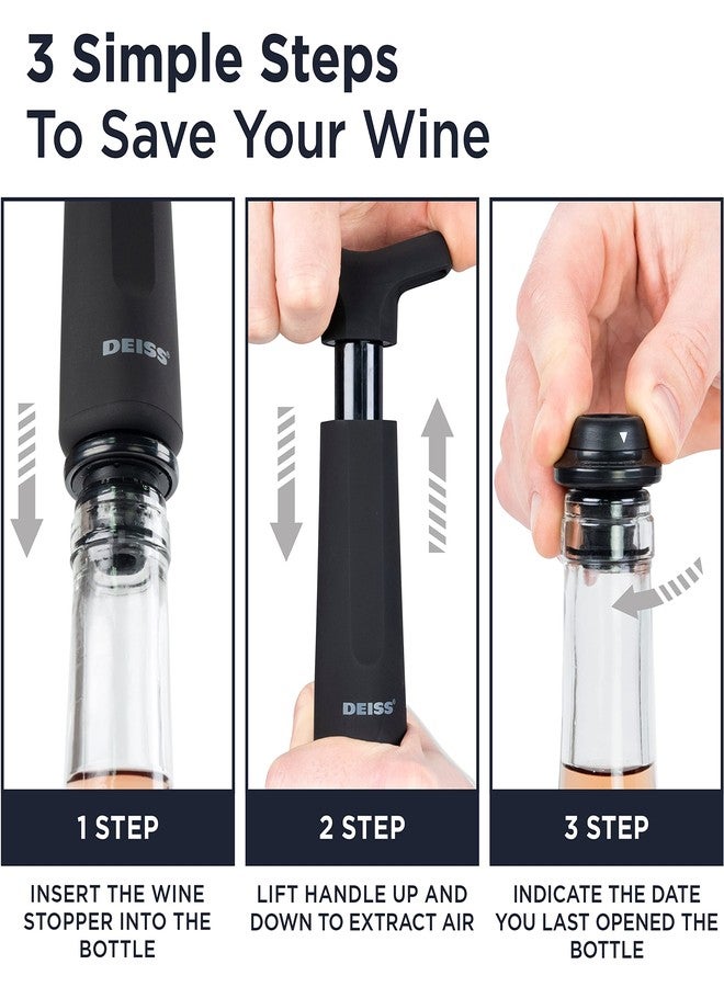 Deiss مضخة تفريغ الهواء Deiss PRO لحفظ النبيذ مع 3 سدادات لزجاجات النبيذ - سدادات سيليكون لزجاجات النبيذ المزودة بعلامات التاريخ - سدادة للحفاظ على نضارة النبيذ - تمنع أكسدة النبيذ - Image 4