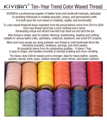 KIVISIN 12 Trendy Color Waxed Thread, 3 Ply 0.8mm, Heavy Duty Wax Coated Polyester Cord String 32 Yards per Spools for Leather Sewing, Stitching, Bookbinding, Micro Knotting, Macrame Jewelry Making - Image 5