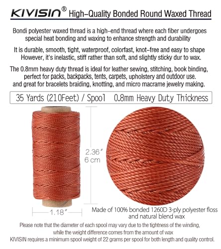 KIVISIN 12 Trendy Color Waxed Thread, 3 Ply 0.8mm, Heavy Duty Wax Coated Polyester Cord String 32 Yards per Spools for Leather Sewing, Stitching, Bookbinding, Micro Knotting, Macrame Jewelry Making - Image 3