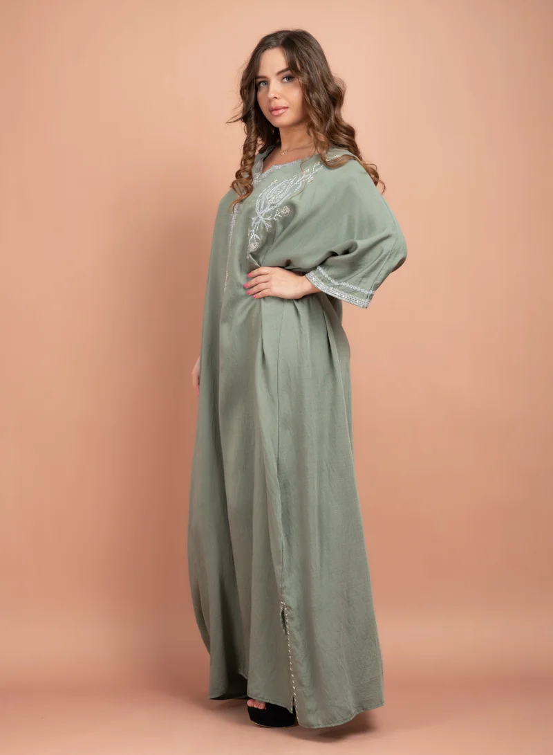 IKKXA Solid Embroidered Plus Size Jalabiya CJ1022 Green
