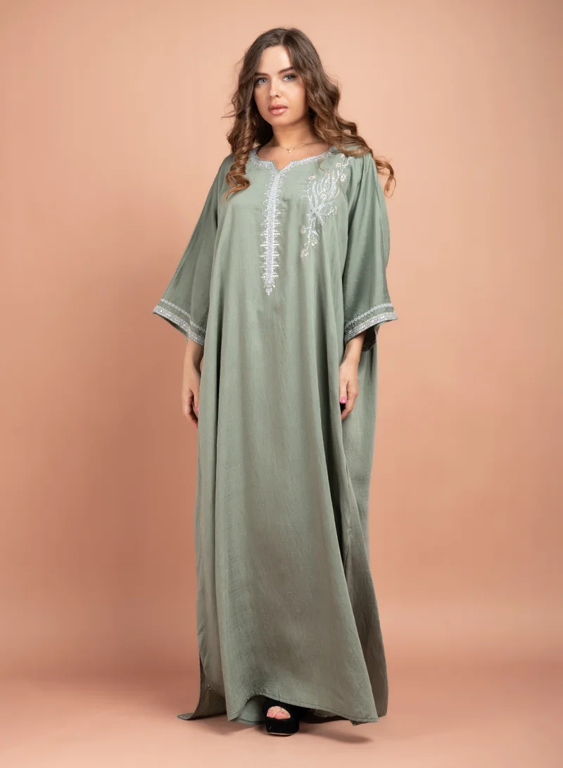 IKKXA Solid Embroidered Plus Size Jalabiya CJ1022 Green