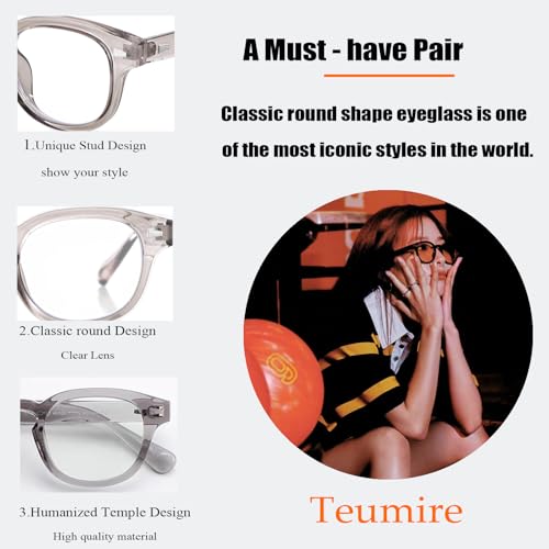 Teumire Johnny Depp Round Glasses for Women Men Vintage Circle Thick Frame Eyeglasses Non Prescription Glasses Clear lens Eyewear(Transparent Grey) - Image 3