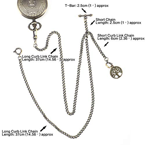ManChDa Double Albert Chain Pocket Watch, Curb Link Chain 3 Hook Antique Plating Shield Design Fob T Bar for Men Bass with Life Tree Pendant - Image 3