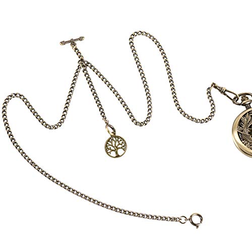 ManChDa Double Albert Chain Pocket Watch, Curb Link Chain 3 Hook Antique Plating Shield Design Fob T Bar for Men Bass with Life Tree Pendant - Image 1