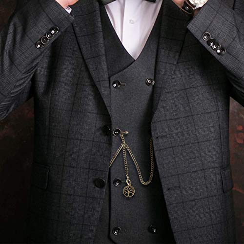 ManChDa Double Albert Chain Pocket Watch, Curb Link Chain 3 Hook Antique Plating Shield Design Fob T Bar for Men Bass with Life Tree Pendant - Image 5