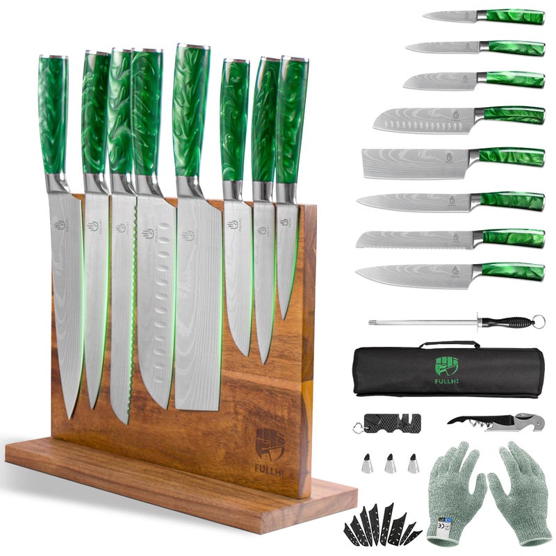 FULLHI 15pcs Japanese Knife Set with Magnetic Knife Block Holder, Japan Stainless Steel Blades, Green Resin Ergonomic Handles for Professional and Home Cooking - Image 1