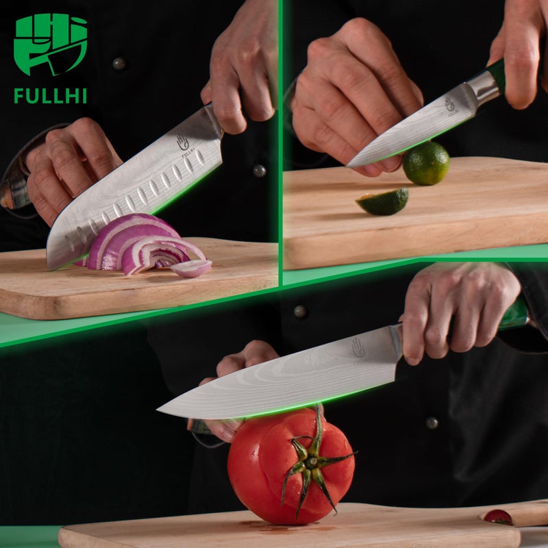FULLHI 15pcs Japanese Knife Set with Magnetic Knife Block Holder, Japan Stainless Steel Blades, Green Resin Ergonomic Handles for Professional and Home Cooking - Image 4