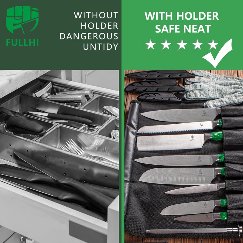 FULLHI 15pcs Japanese Knife Set with Magnetic Knife Block Holder, Japan Stainless Steel Blades, Green Resin Ergonomic Handles for Professional and Home Cooking - Image 5