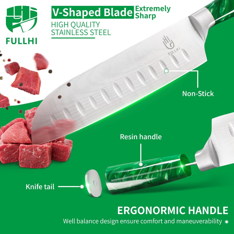 FULLHI 15pcs Japanese Knife Set with Magnetic Knife Block Holder, Japan Stainless Steel Blades, Green Resin Ergonomic Handles for Professional and Home Cooking - Image 3