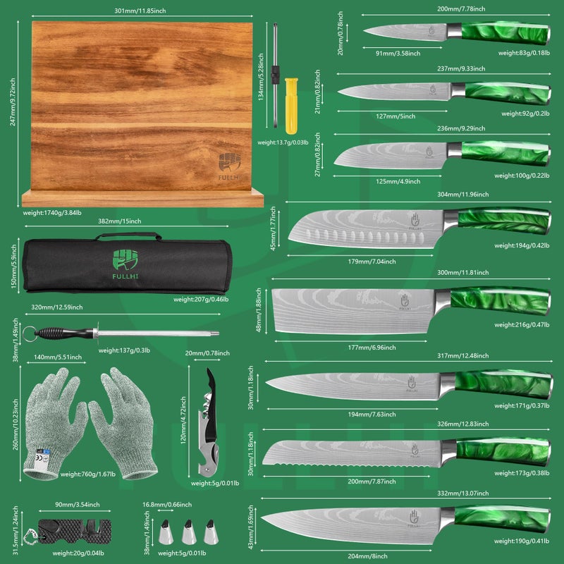 FULLHI 15pcs Japanese Knife Set with Magnetic Knife Block Holder, Japan Stainless Steel Blades, Green Resin Ergonomic Handles for Professional and Home Cooking - Image 2