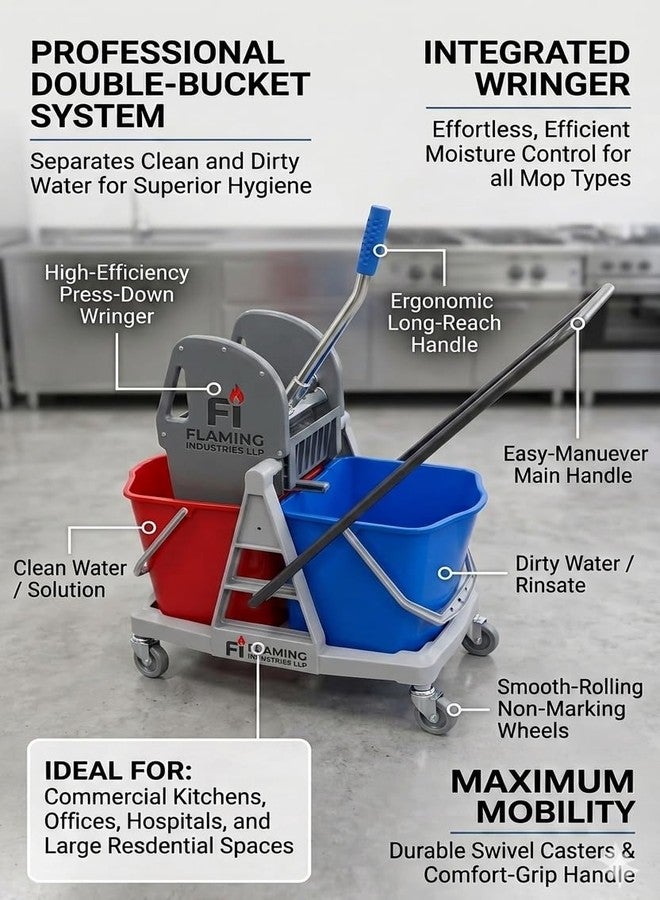 SHIVIS ​SHIVIS Commercial Bucket Mop Cart with Down Press Wringer,Capacity,40 LTR Double Mop Bucket on Wheels with Push Handle,Separate Clean/Dirty Water Side-Press Combo for Office,Industrial,(Blue&Red) - Image 2