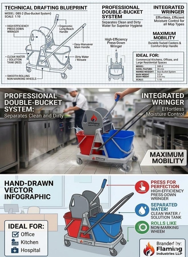 SHIVIS ​SHIVIS Commercial Bucket Mop Cart with Down Press Wringer,Capacity,40 LTR Double Mop Bucket on Wheels with Push Handle,Separate Clean/Dirty Water Side-Press Combo for Office,Industrial,(Blue&Red) - Image 3