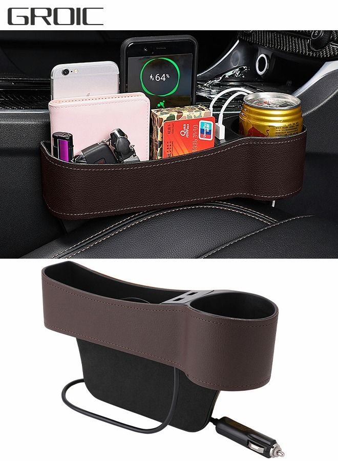 GROIC Car Seat Gap Organizer, Dual USB Charging, Filler, Multifunctional Organizer Front Seat, with Cup Holder, Leather Storage Box,Car Box - Image 1