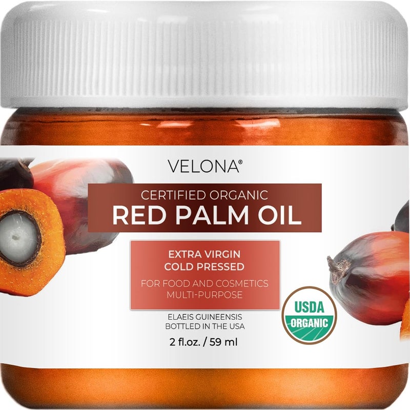 velona USDA Certified Organic Red Palm Oil 2 Fl Oz  Food and Cosmetic Grade  in jar  Extra Virgin Cold Pressed  Skin Face Body Hair Care