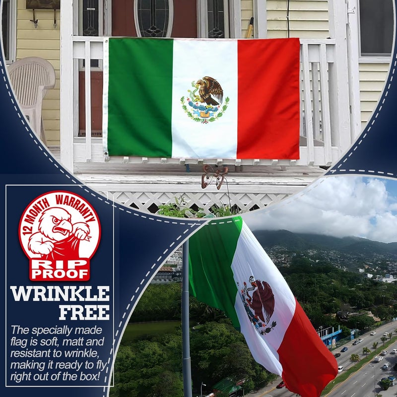 Anley Rip-Proof Double Sided 3-Ply Mexico Flag 3x5 Foot - Vivid Color, Canvas Header and Wrinkle Resistant - The Strongest, Longest Lasting Mexican MX National Flags 3 X 5 Ft - Image 2