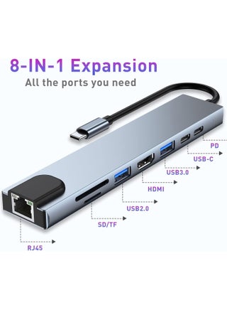 USB C Hub, 8 in 1 Type C Hub Multiport Adapter with 4K HDMI, PD Power Delivery, USB-C, Ethernet, 2 USB, SD/TF Card Reader Compatible with Mac Book Pro XPS and More Type C Devices - view 2
