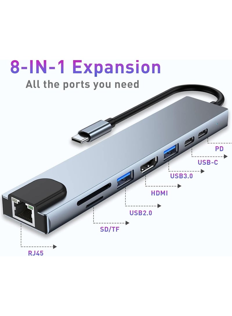 Salab USB C Hub, 8 in 1 Type C Hub Multiport Adapter with 4K HDMI, PD Power Delivery, USB-C, Ethernet, 2 USB, SD/TF Card Reader Compatible with Mac Book Pro XPS and More Type C Devices - Image 2