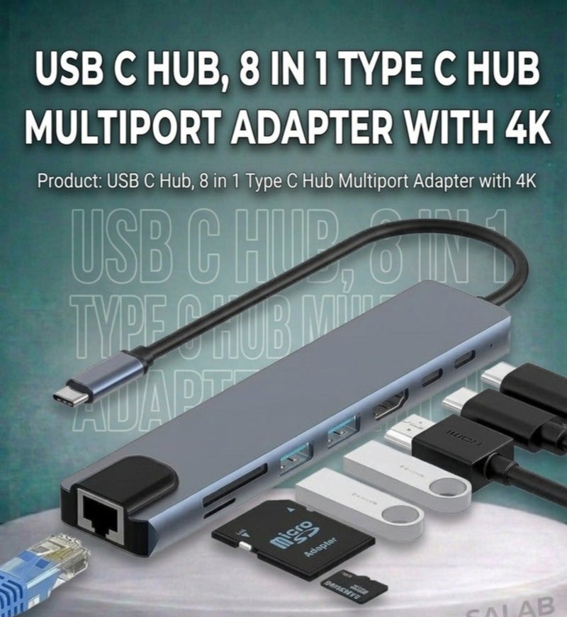 Salab USB C Hub, 8 in 1 Type C Hub Multiport Adapter with 4K HDMI, PD Power Delivery, USB-C, Ethernet, 2 USB, SD/TF Card Reader Compatible with Mac Book Pro XPS and More Type C Devices - Image 1