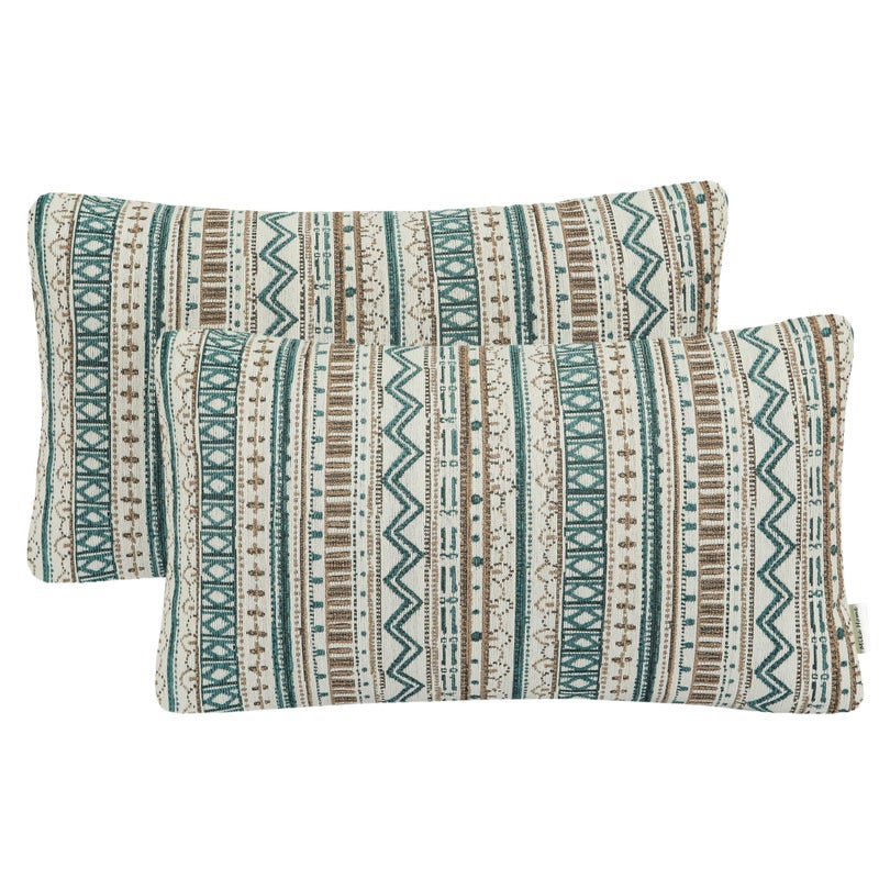 Mika Home Pack of 2 Oblong Throw Pillow Covers Lumbar Pillow Cases for Sofa Couch Living Room Bohemian Striped Geometric Pattern 12x20 Inches Green Taupe Cream