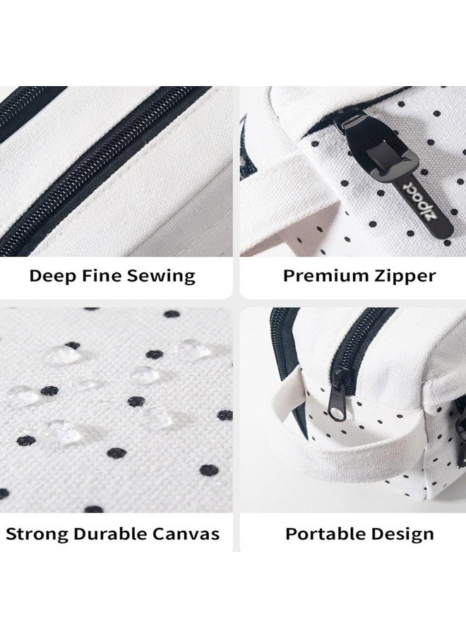 Storite - Storite Canvas Pencil Case, Large Capacity Pencil Pouch with Easy Grip Handle & Loop, Portable Stationery Storage Pouch for School Teens Adults (White with Black Dots) - Image 1