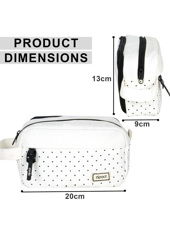 Storite - Storite Canvas Pencil Case, Large Capacity Pencil Pouch with Easy Grip Handle & Loop, Portable Stationery Storage Pouch for School Teens Adults (White with Black Dots) - Image 1