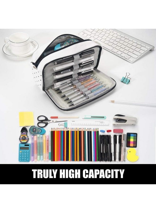 Storite - Storite Canvas Pencil Case, Large Capacity Pencil Pouch with Easy Grip Handle & Loop, Portable Stationery Storage Pouch for School Teens Adults (White with Black Dots) - Image 1