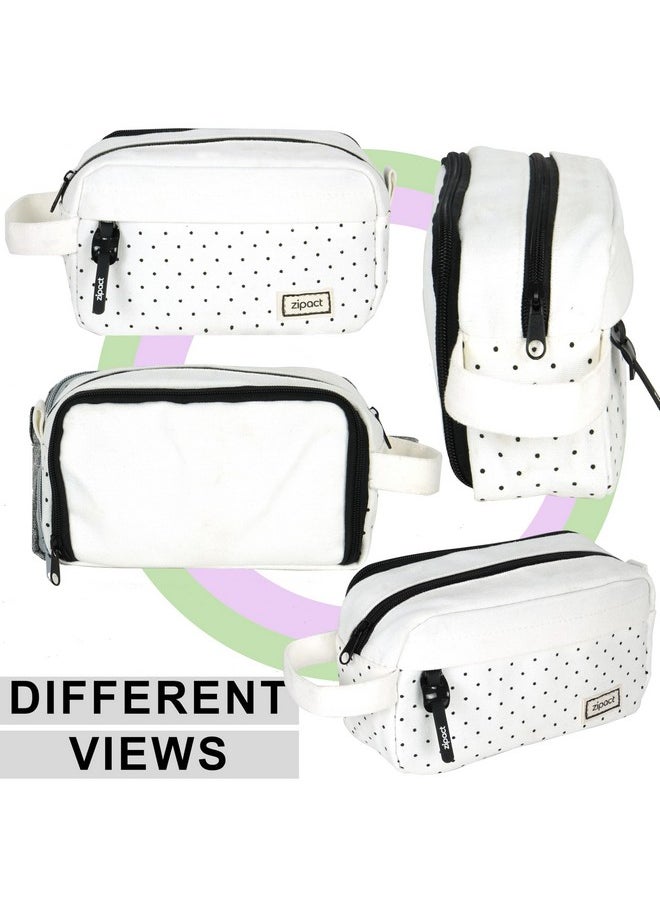 Storite - Storite Canvas Pencil Case, Large Capacity Pencil Pouch with Easy Grip Handle & Loop, Portable Stationery Storage Pouch for School Teens Adults (White with Black Dots) - Image 1