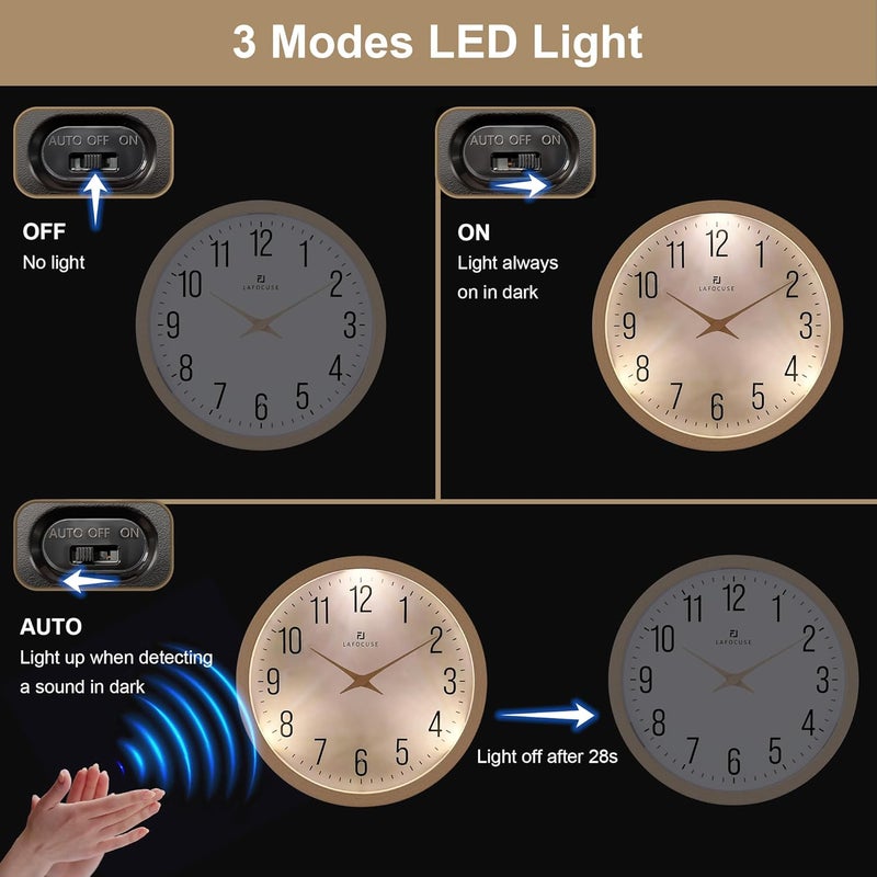 Lafocuse 30 cm Beige Wall Clock with Battery Operated Night Light, Luminous Silent No Ticking Wall Clock Modern Decorative for Living Room Bedroom Kitchen Office - Image 4