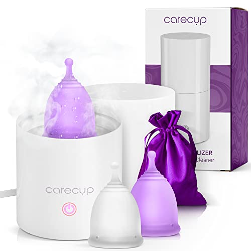 Carecup معقم كوب الحيض كيركوب - منظف كوب الحيض الحديث بدون رائحة - غسيل بخاري تلقائي لمدة 2 دقيقة - حامل يناسب الأقراص الصغيرة والناعمة والكبيرة - 99.9% من الجراثيم (بخار + أكواب) - Image 1