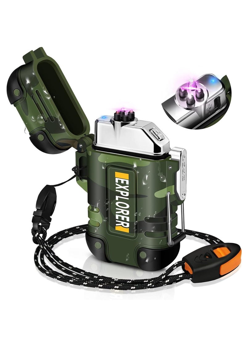 JOGAMS Dual Arc Lighter, Waterproof Electric Lighter USB Rechargeable, Windproof Plasma Lighter with Whistle Lanyard, Flameless Lighter for Camping, Hiking, Outdoor, Adventure - Image 1
