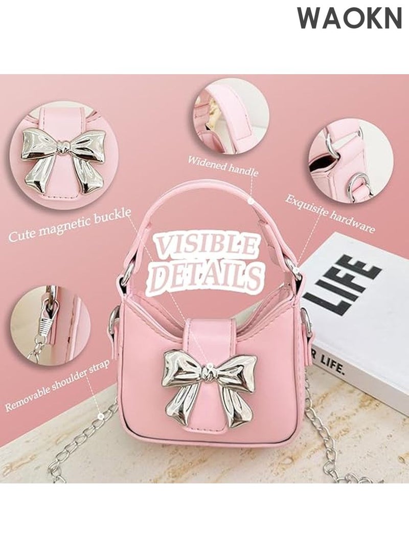 WAOKN Mini Crossbody Purse for Little Girls - Adorable Bow Magnetic Buckle Handbag with Adjustable Strap - Cute Shoulder Bag for Kids Ages 4-12 - Perfect Birthday Gift, Party Favor & Dress-Up Accessory (Pink) - Image 4