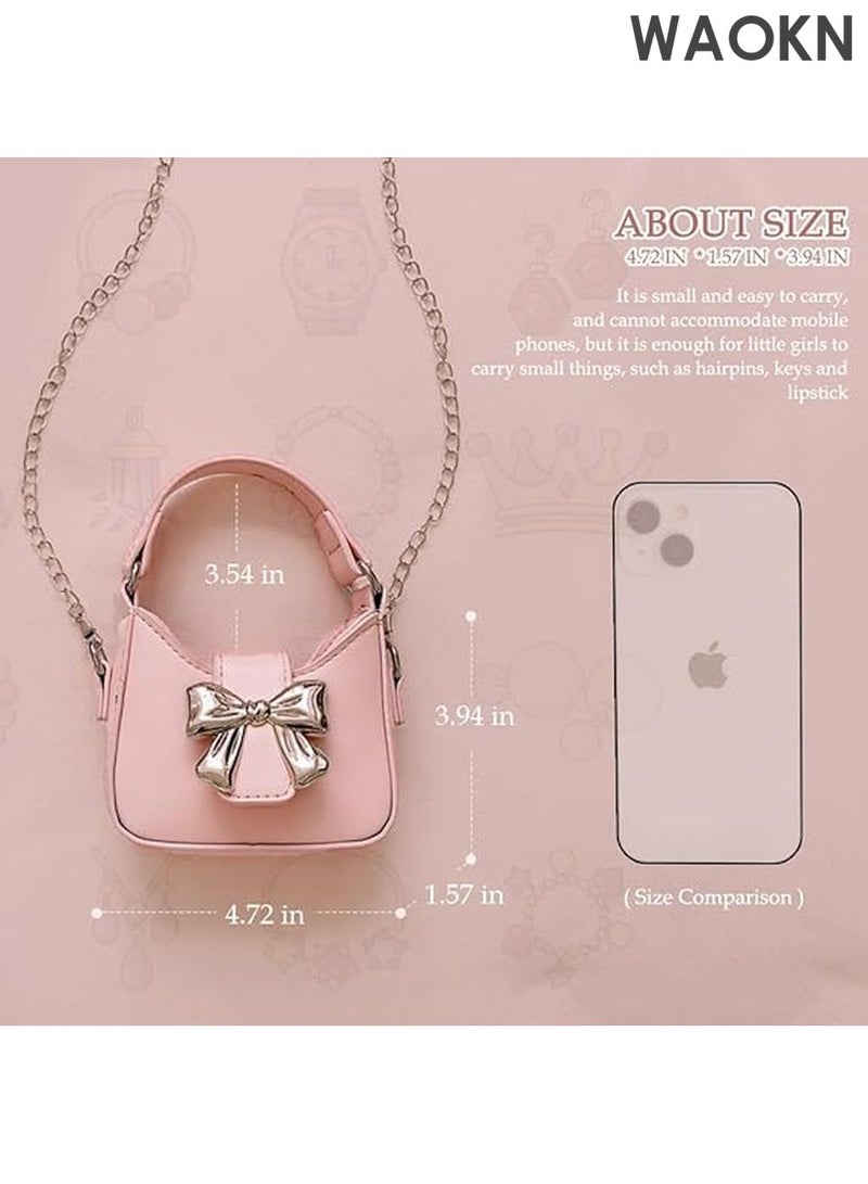 WAOKN Mini Crossbody Purse for Little Girls - Adorable Bow Magnetic Buckle Handbag with Adjustable Strap - Cute Shoulder Bag for Kids Ages 4-12 - Perfect Birthday Gift, Party Favor & Dress-Up Accessory (Pink) - Image 2